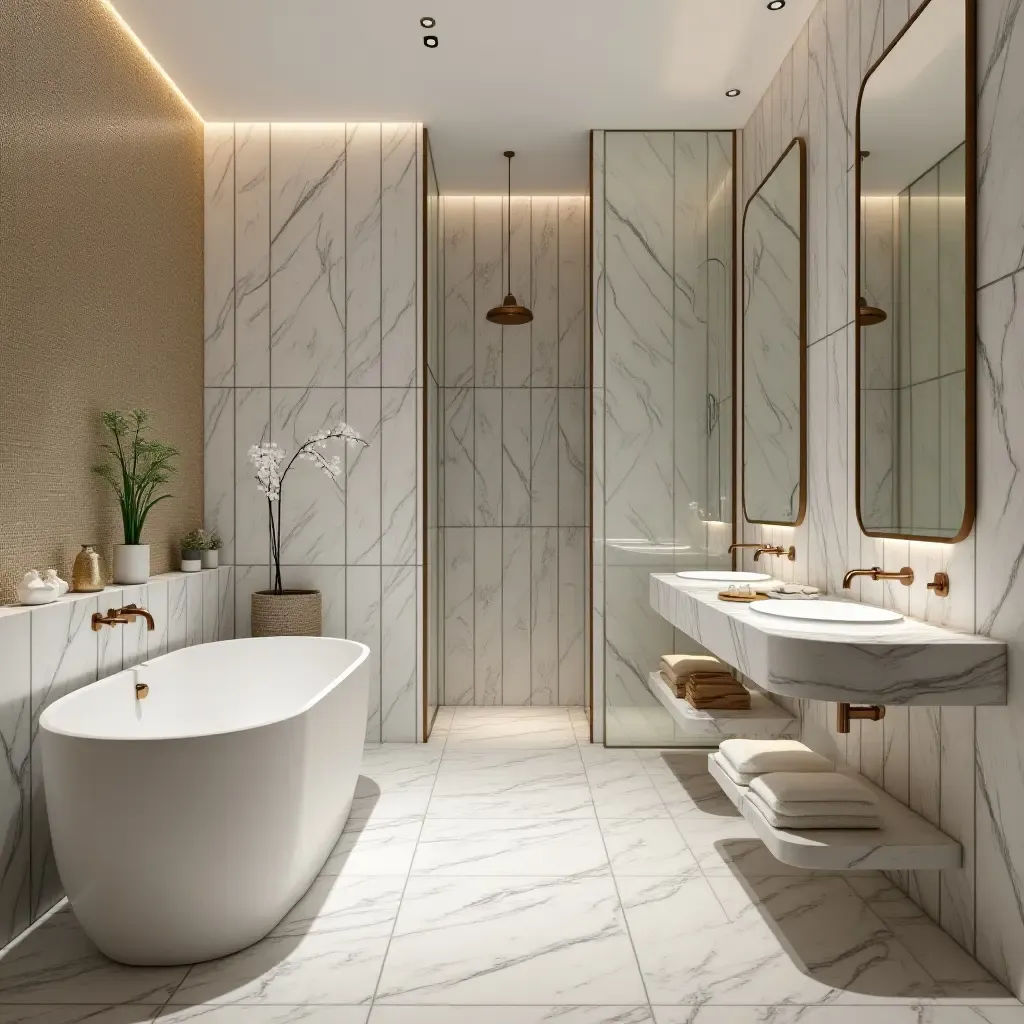 a photo of a luxurious bathroom with glittering glass tiles and modern fixtures