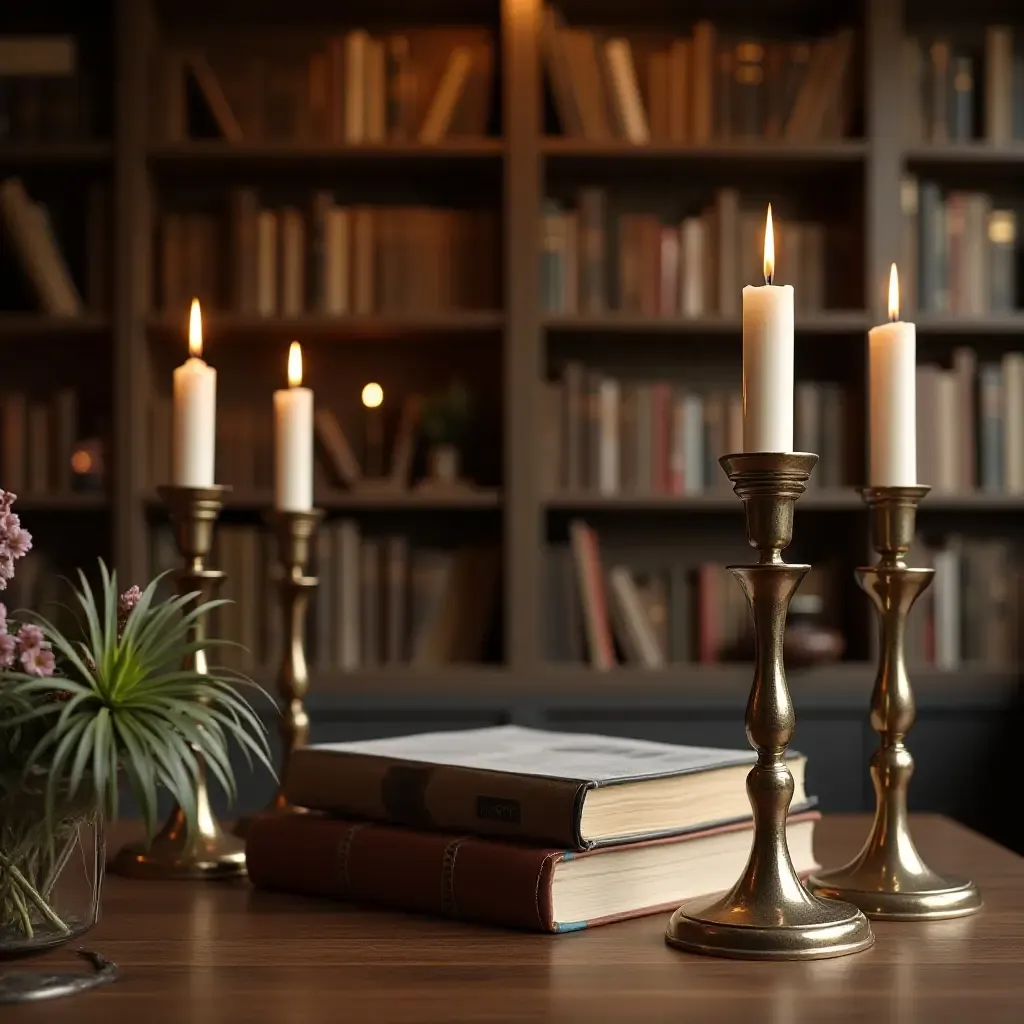 a photo of a cozy library with metallic candle holders and decor