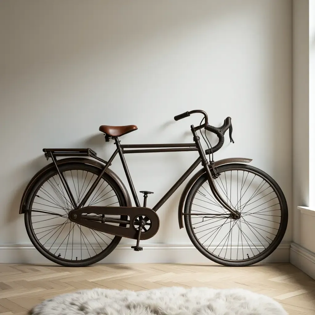 a photo of a vintage bicycle used as bedroom decor