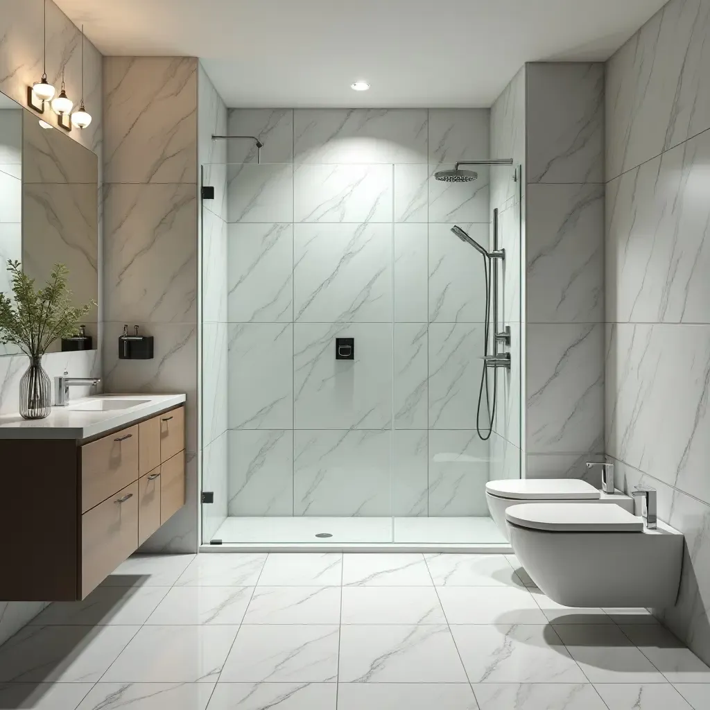 a photo of a sleek bathroom with large glass tiles and a rain shower