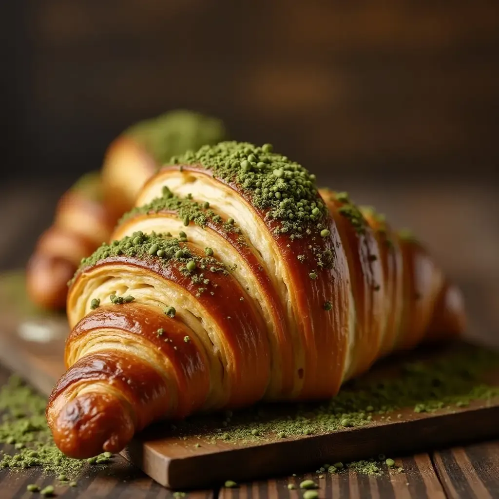 a photo of a croissant made with matcha and black sesame, served on a rustic wooden table.