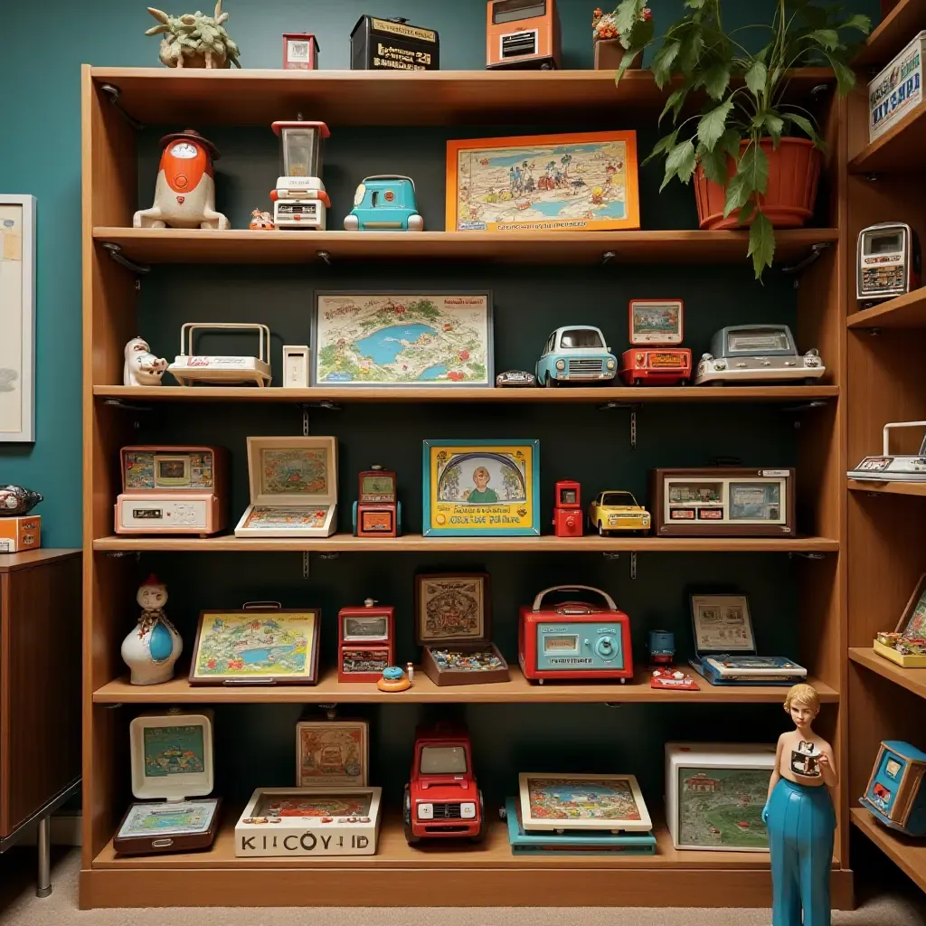 a photo of a vintage toy-themed shelf showcasing classic games and toys