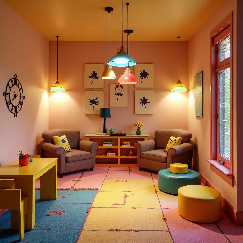 a photo of a vibrant basement playroom with whimsical pendant lighting