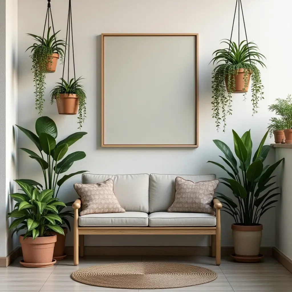 a photo of a balcony wall with hanging planters and art