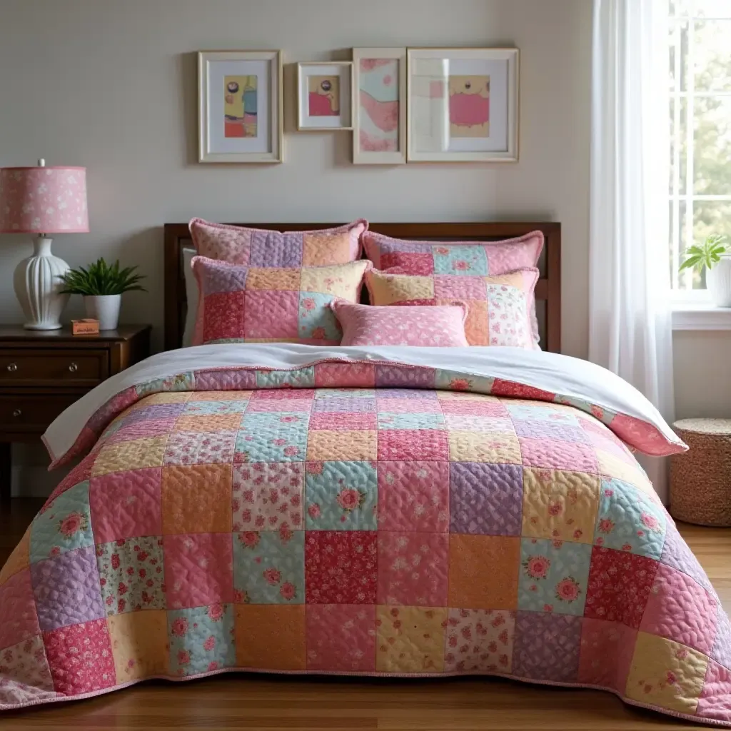 a photo of a teen&#x27;s bedroom with a colorful patchwork quilt and matching pillows