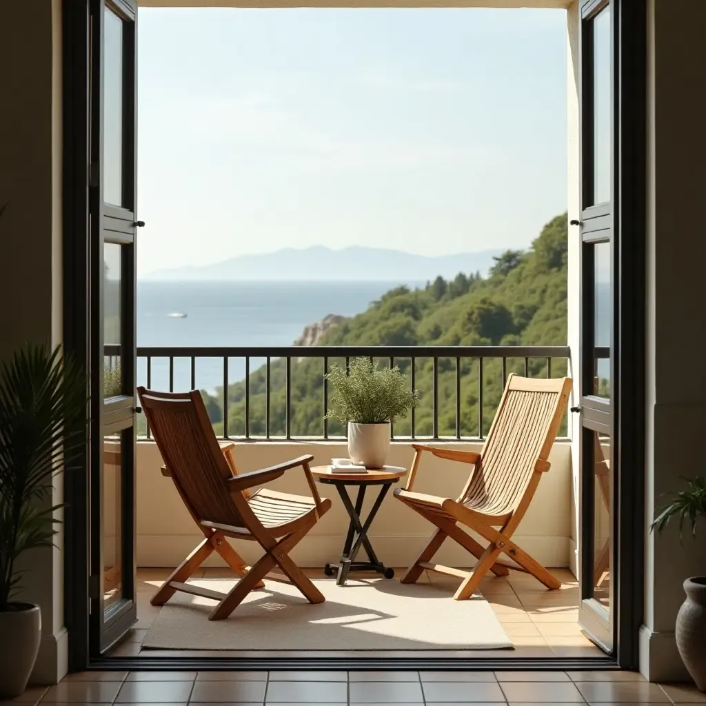 a photo of a balcony with wooden folding chairs and a small table