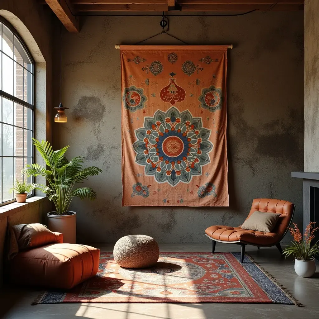 a photo of a basement wall decorated with fabric wall hangings and tapestries