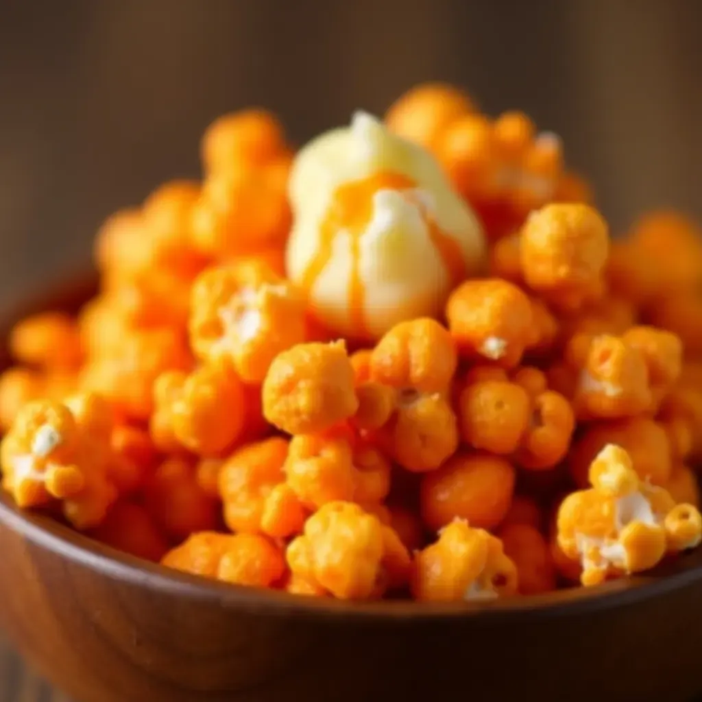 a photo of gochujang-flavored popcorn in a wooden bowl, with a drizzle of melted butter.