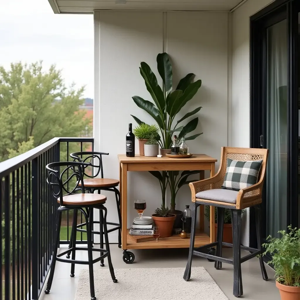 a photo of a balcony with a rustic bar cart and industrial bar stools