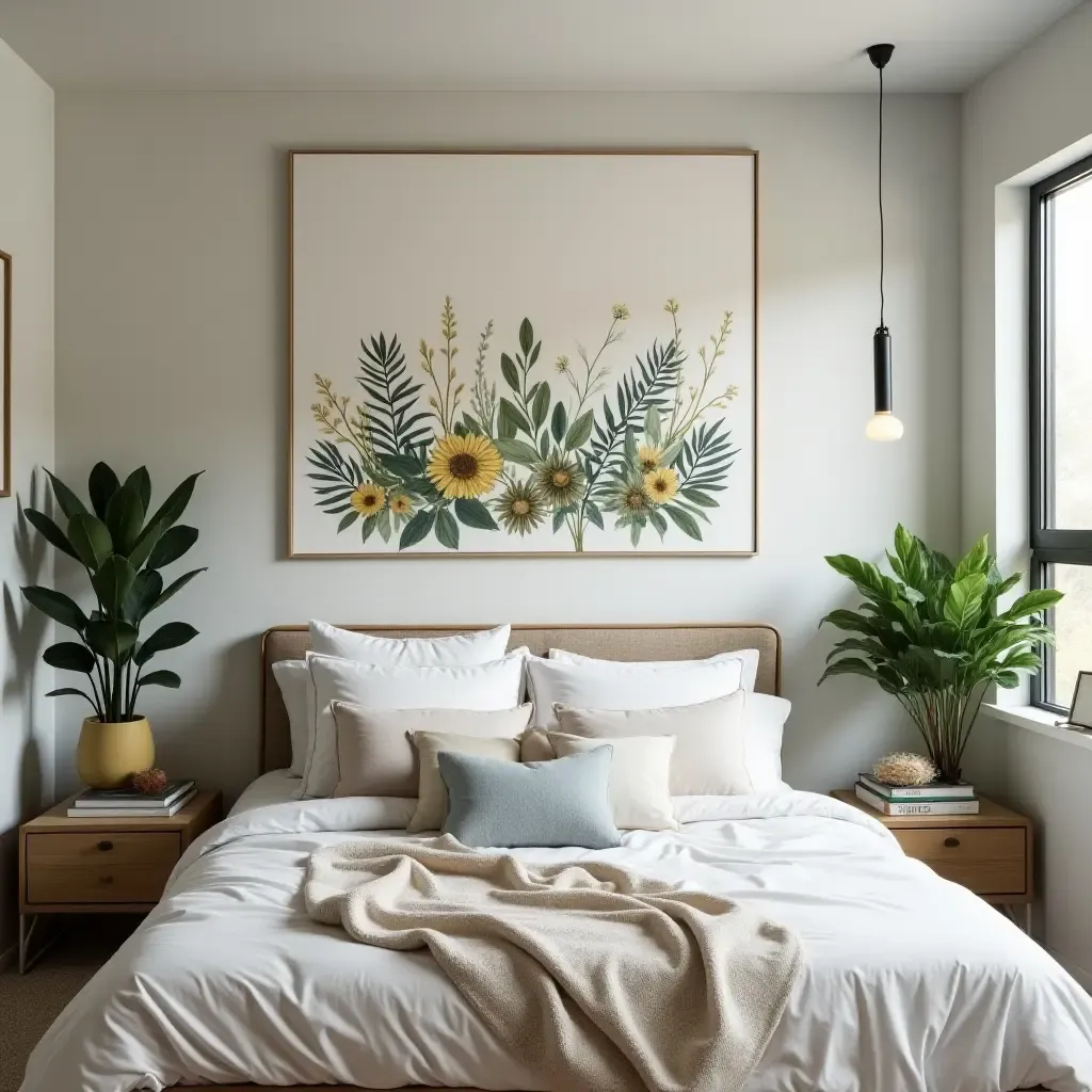 a photo of a bedroom with botanical wall art and real plants