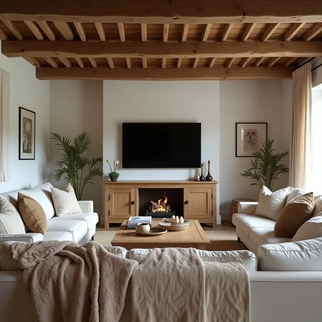 a photo of a rustic farmhouse TV room with cozy textiles and wooden beams