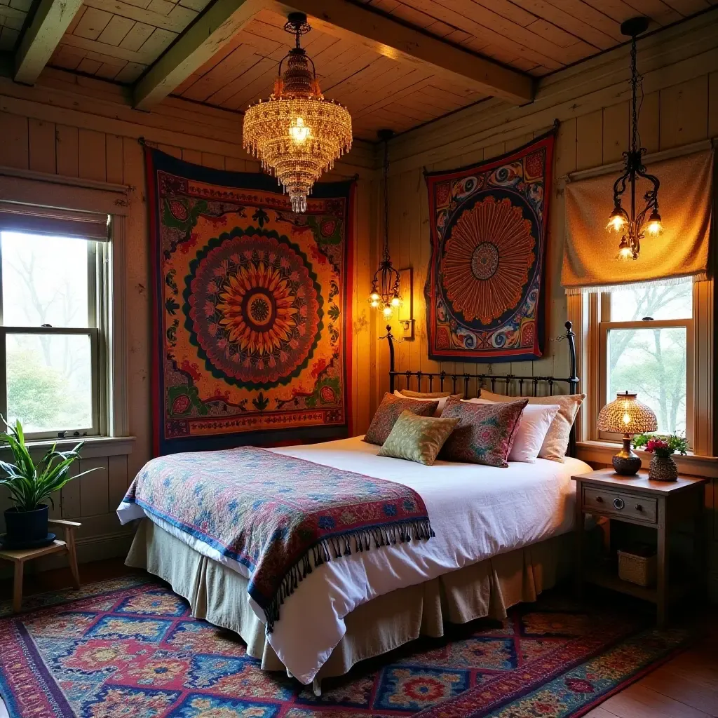 a photo of a bohemian bedroom with colorful tapestries and eclectic lighting fixtures