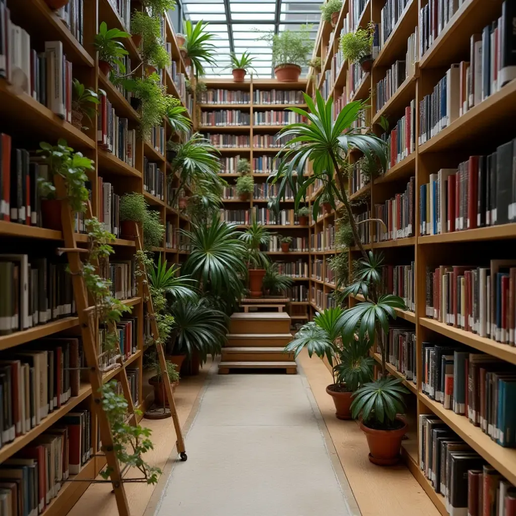 a photo of a library with a decorative plant ladder