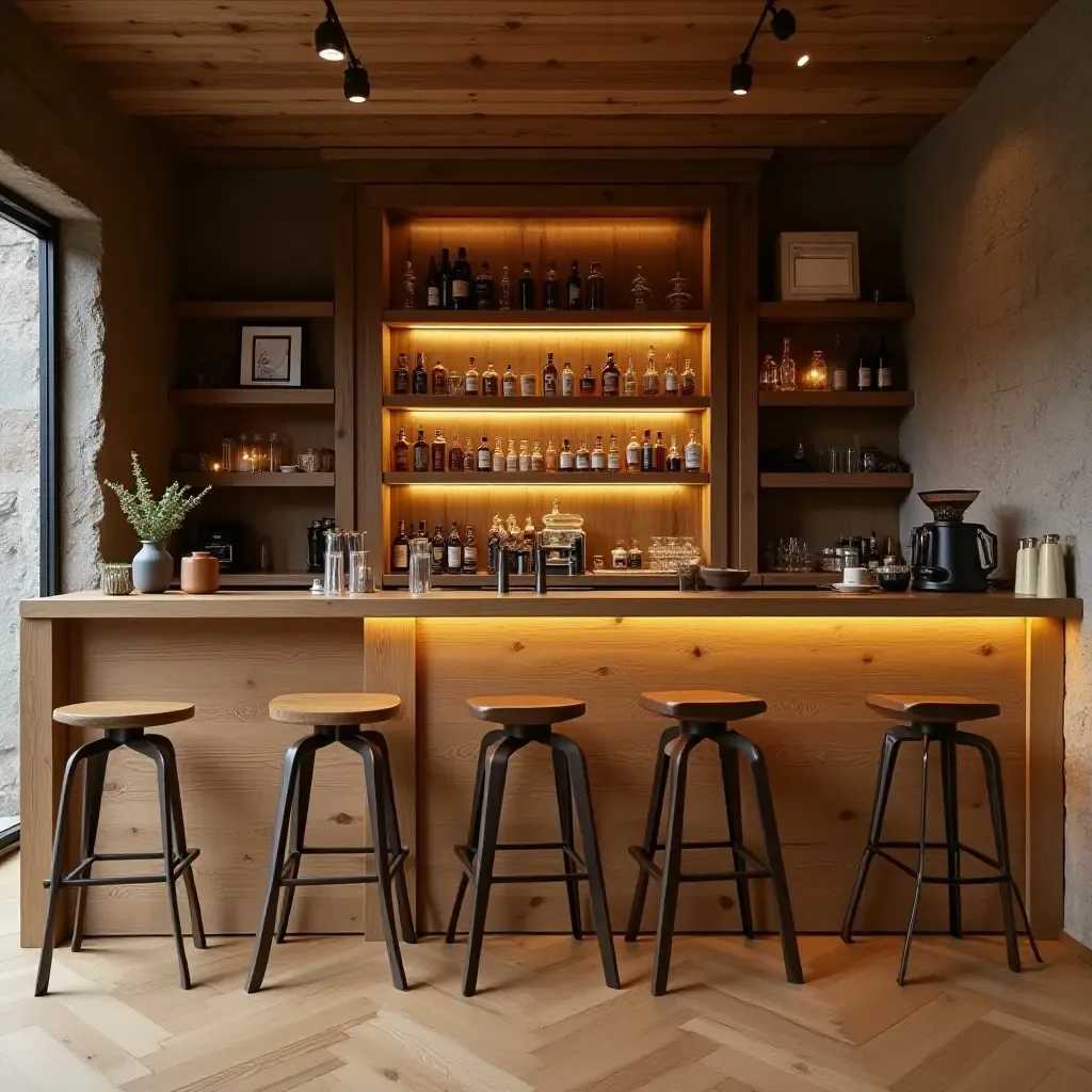 a photo of a wooden coffee bar in a basement