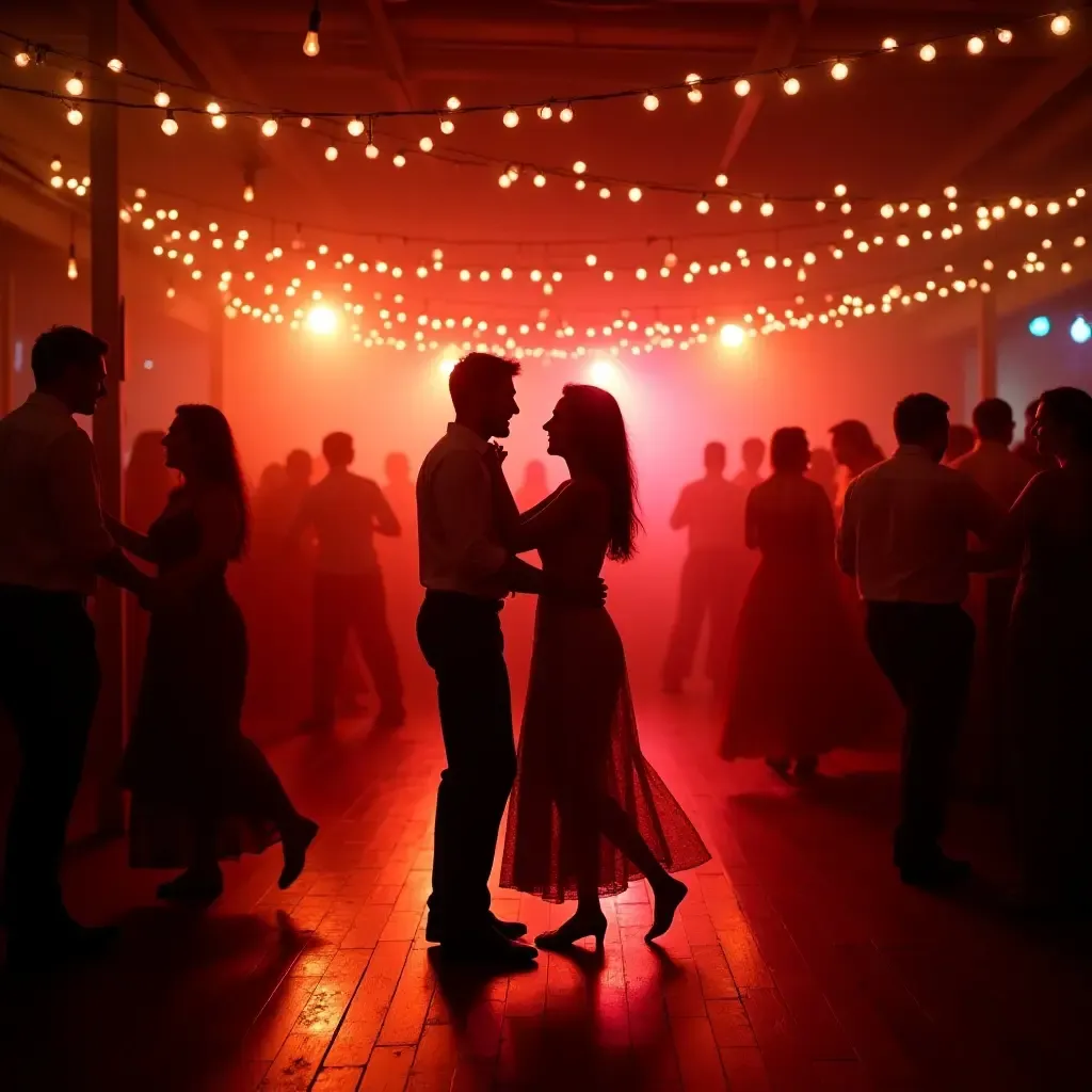 a photo of a lively salsa dancing area with string lights overhead