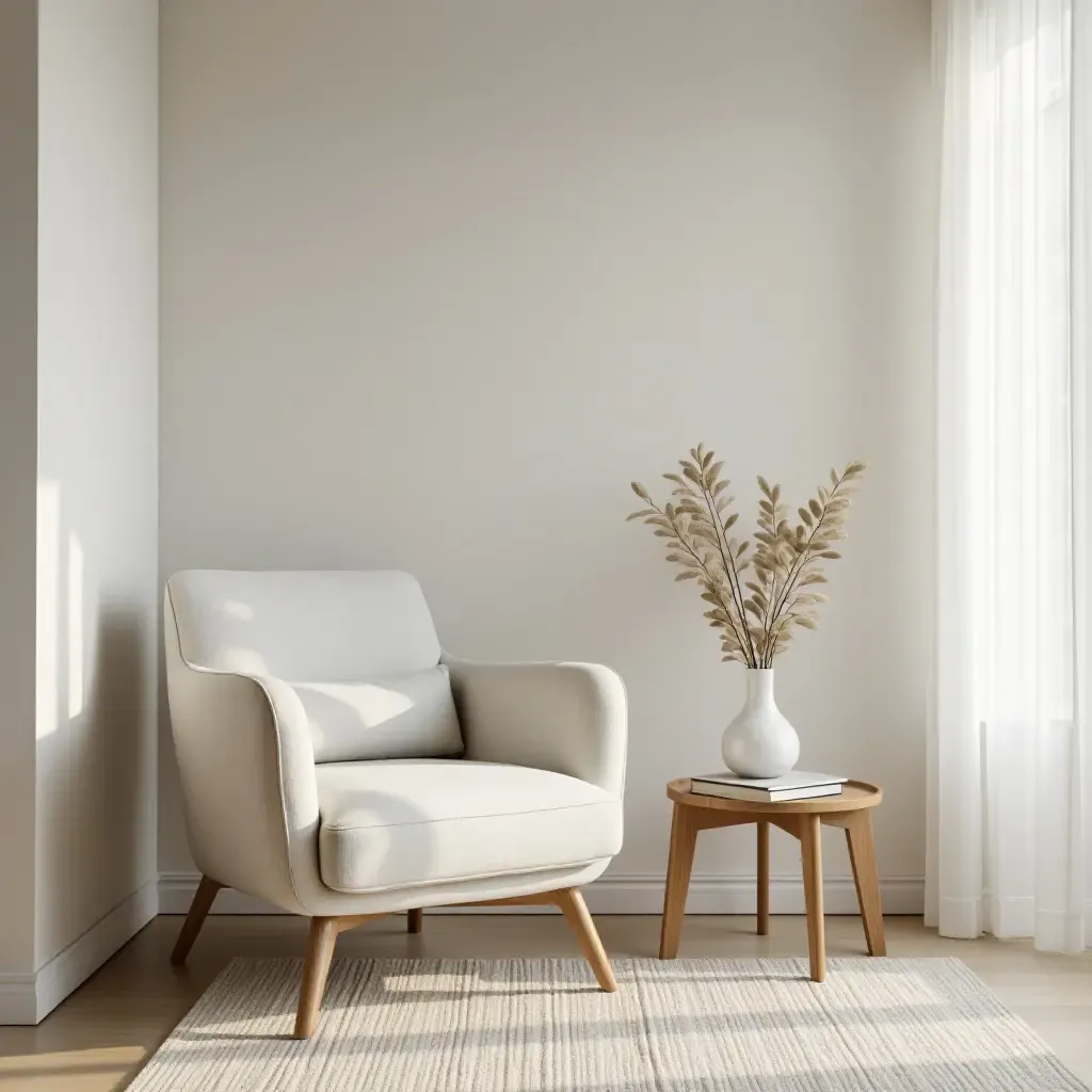 a photo of a minimalist reading corner with a sleek chair and neutral colors