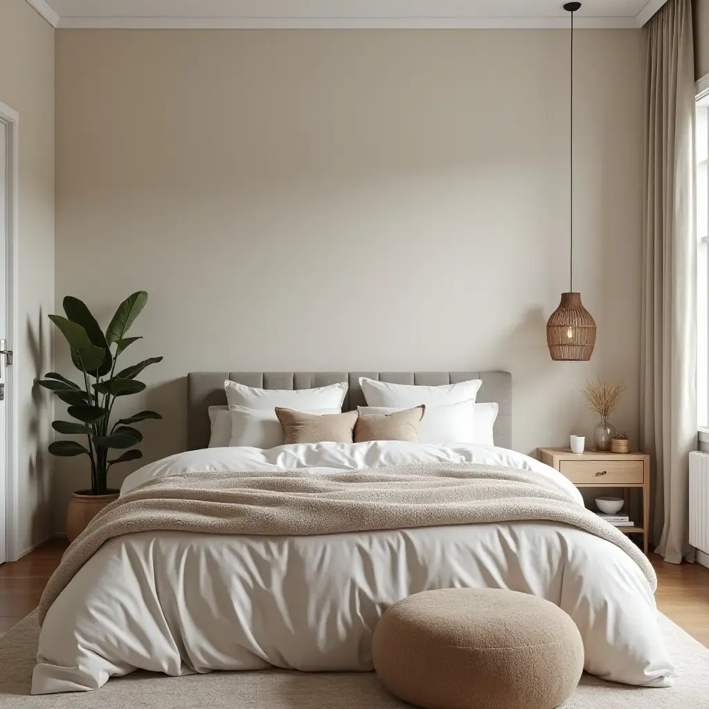 a photo of a modern bedroom with a blend of neutral colors and bohemian elements