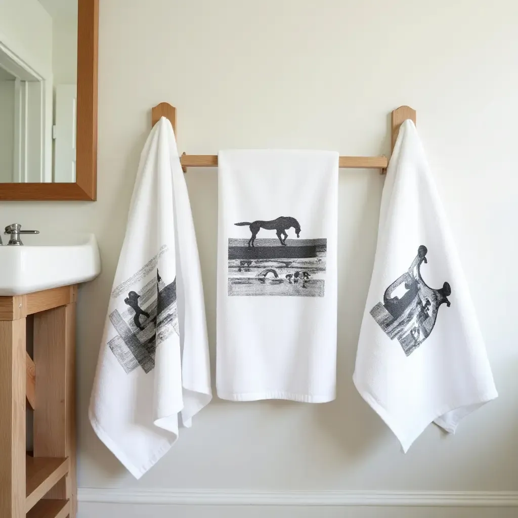 a photo of towels with travel-themed designs in a wanderlust bathroom