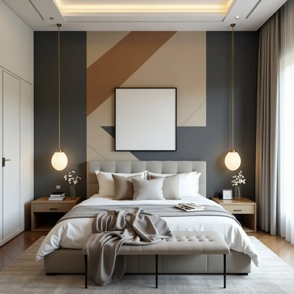 a photo of a modern bedroom featuring a statement wall with geometric patterns