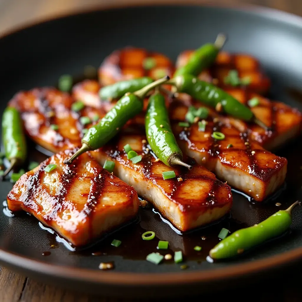 a photo of Korean BBQ with a savory black garlic marinade and grilled shishito peppers.