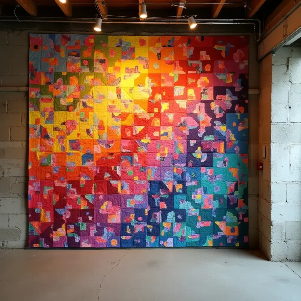 a photo of a basement wall adorned with a colorful quilt as art