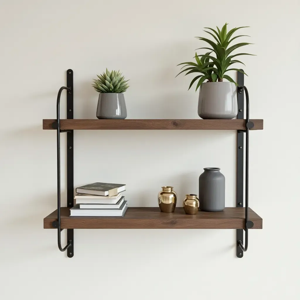 a photo of a wall-mounted industrial shelf with decor