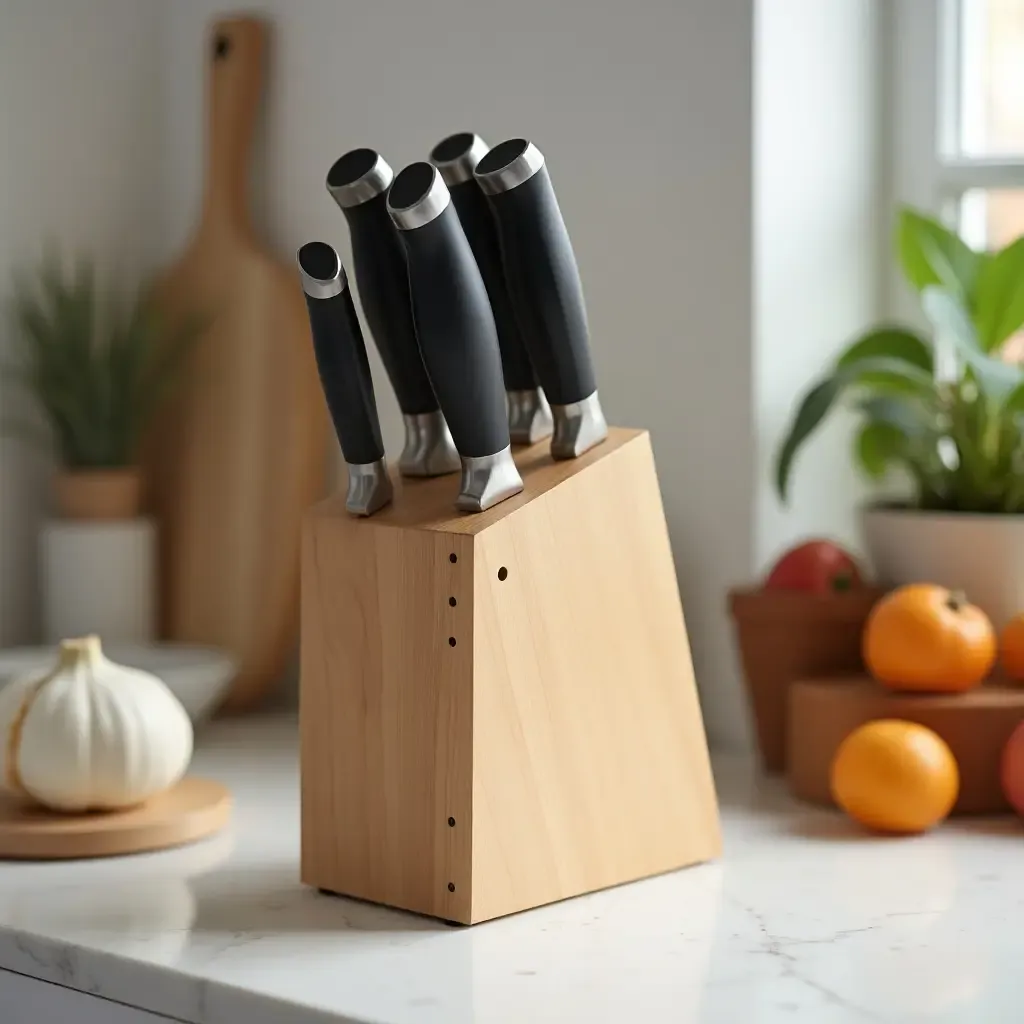 a photo of a wooden knife block on a countertop