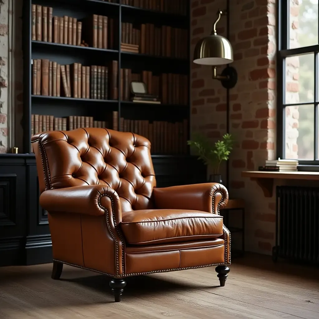 a photo of a vintage leather armchair surrounded by industrial decor in a library