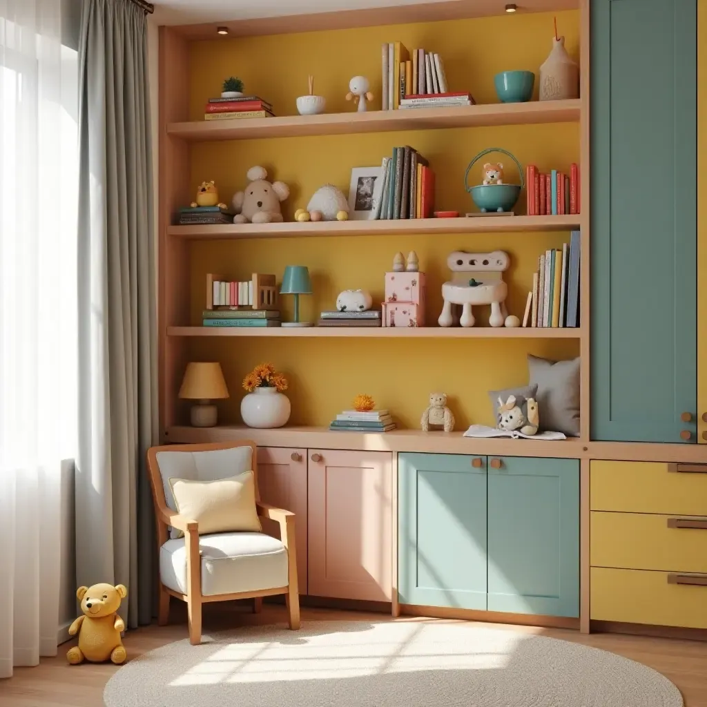 a photo of a colorful children&#x27;s room with playful open shelving and toys