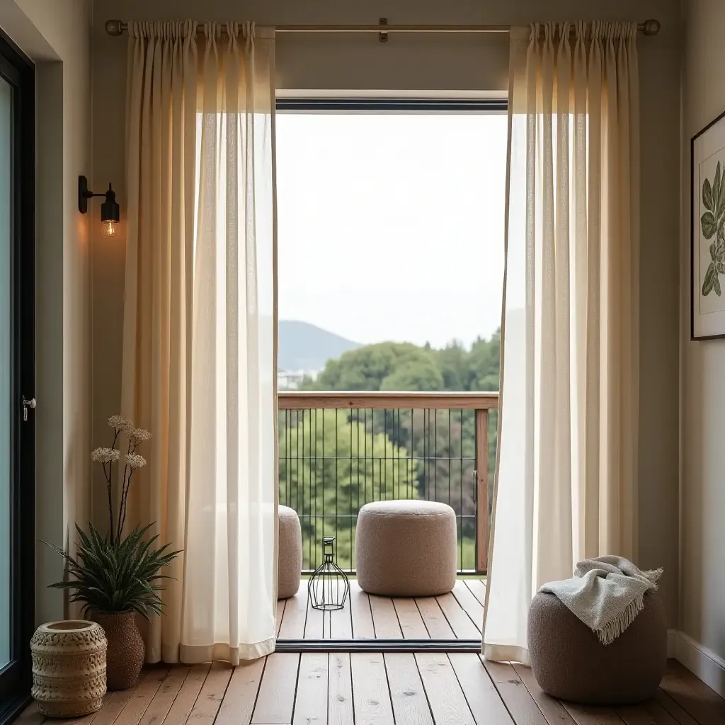 a photo of a serene balcony with soft fabric drapes, wooden decking, and metal decor