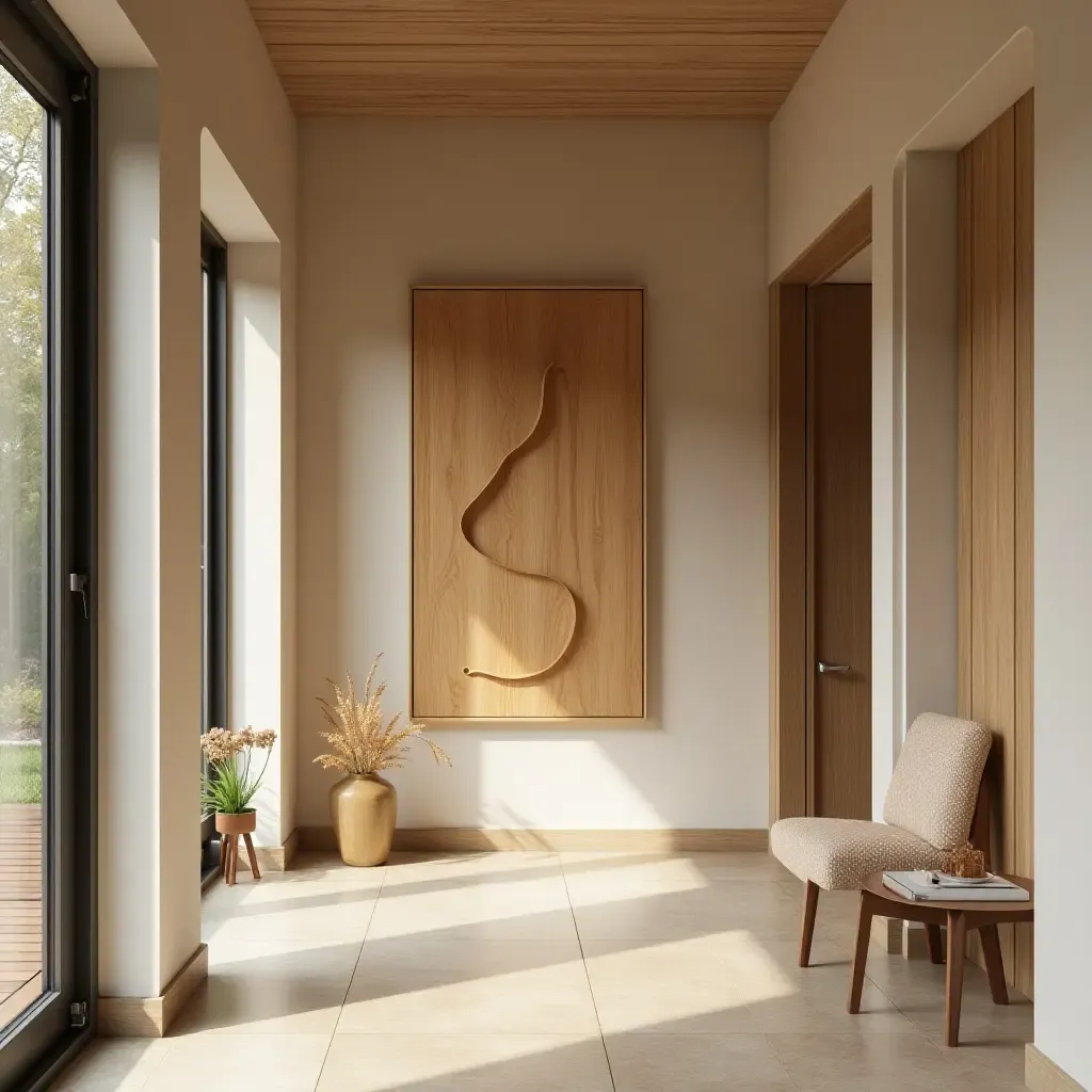 a photo of a wooden wall hanging in a welcoming corridor