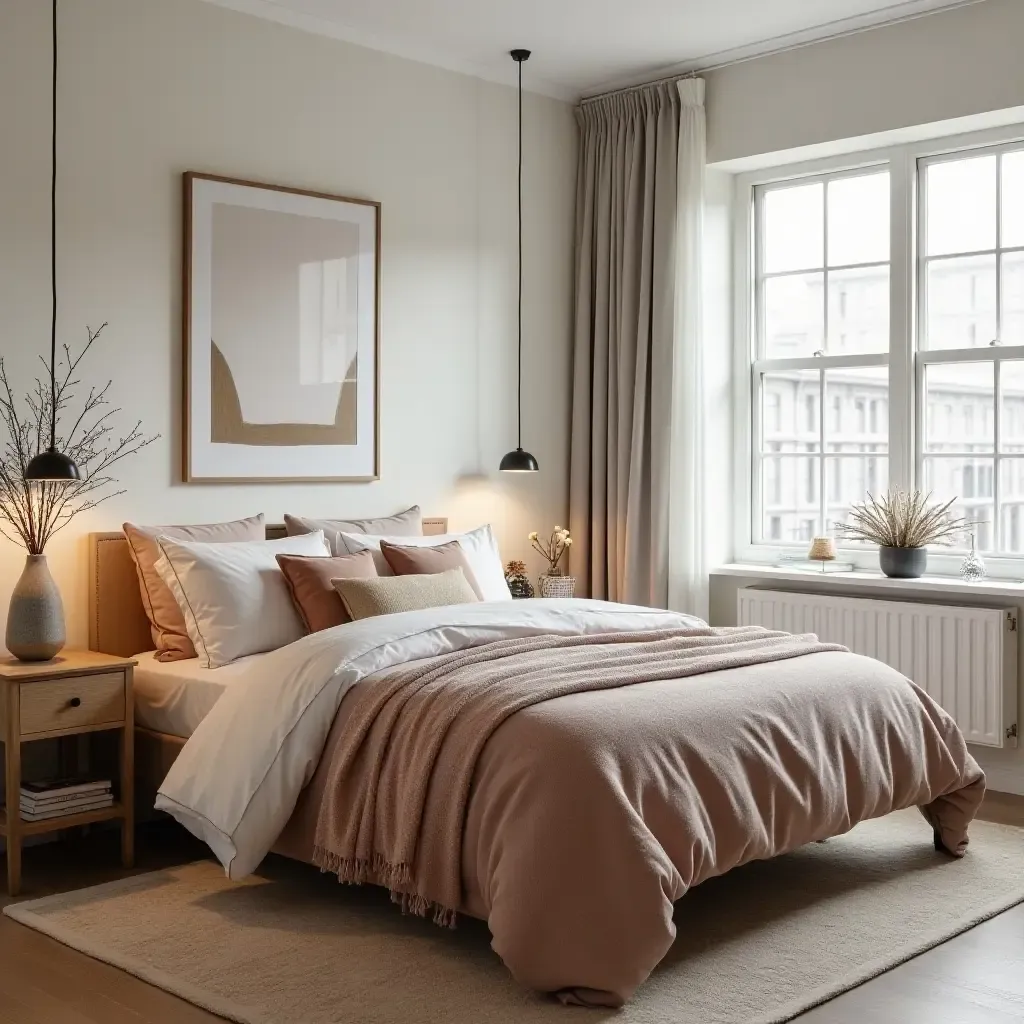 a photo of a Scandinavian-inspired bedroom with a harmonious blend of colors and patterns