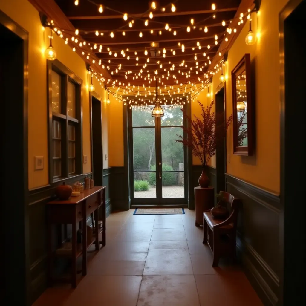 a photo of string lights draped across the ceiling of a cozy entrance hall