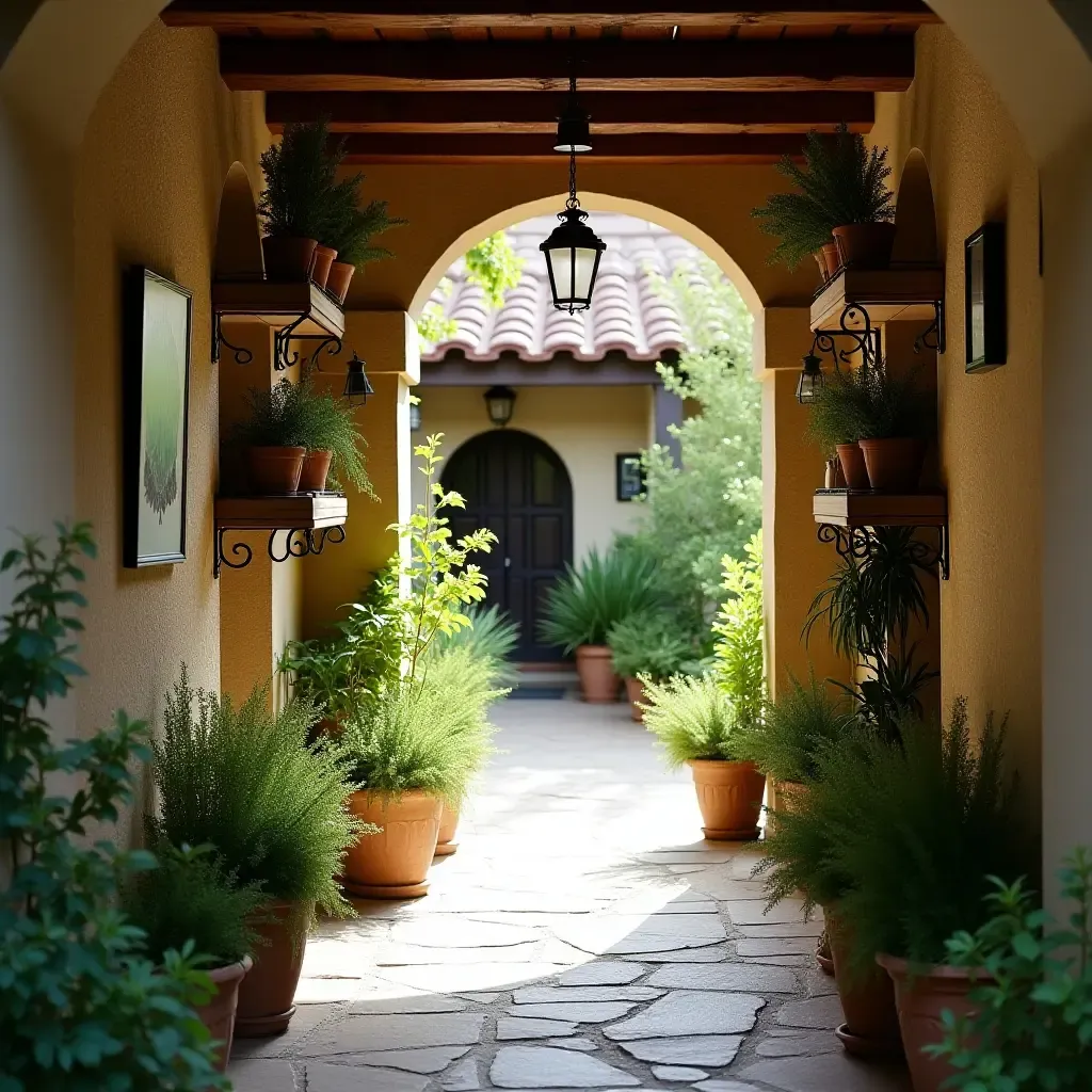 a photo of a narrow corridor lined with potted herbs and rustic shelving