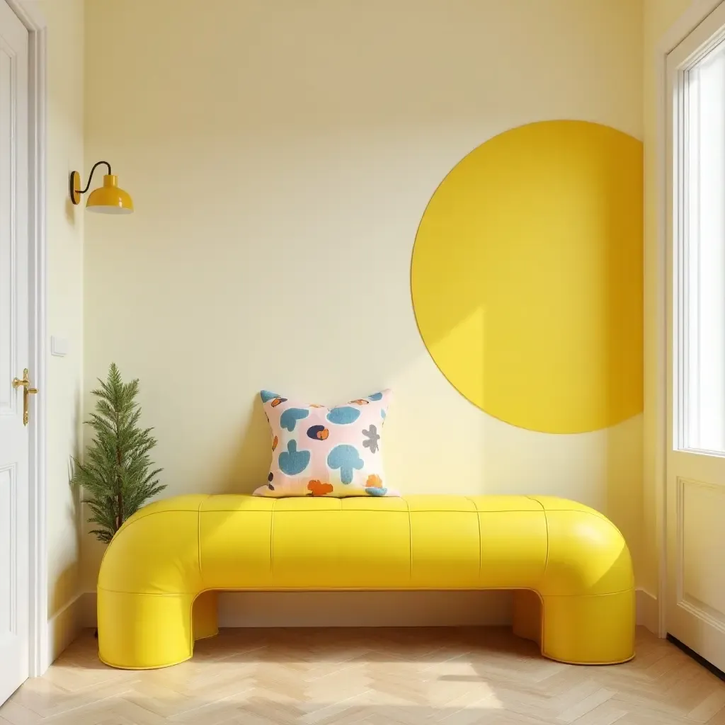 a photo of a bright yellow bench with a playful design in a fun, whimsical entryway