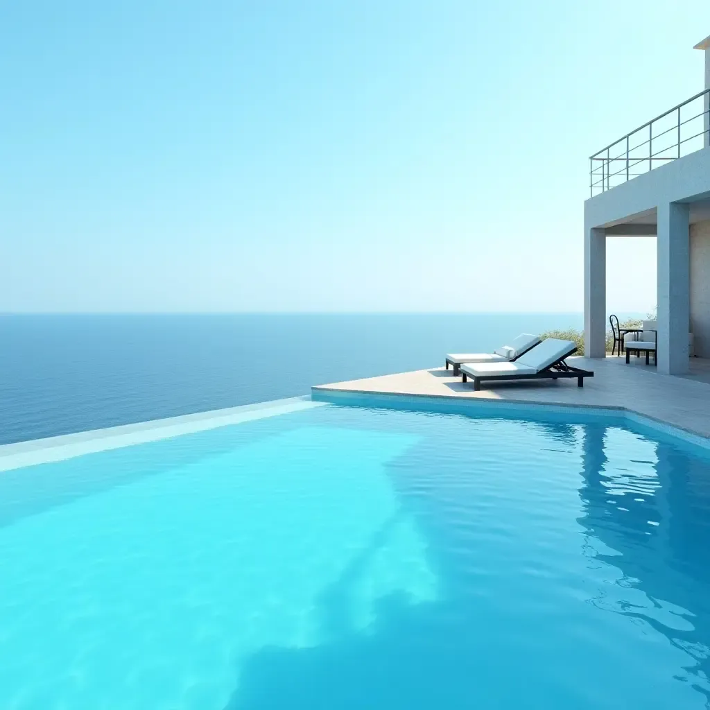 a photo of a luxurious infinity pool with deep blue water and white sun loungers