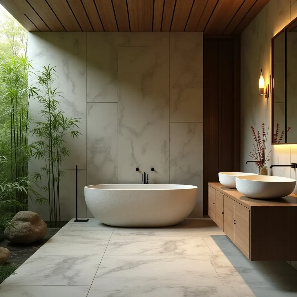 a photo of a zen-inspired bathroom with natural stone tiles and bamboo plants