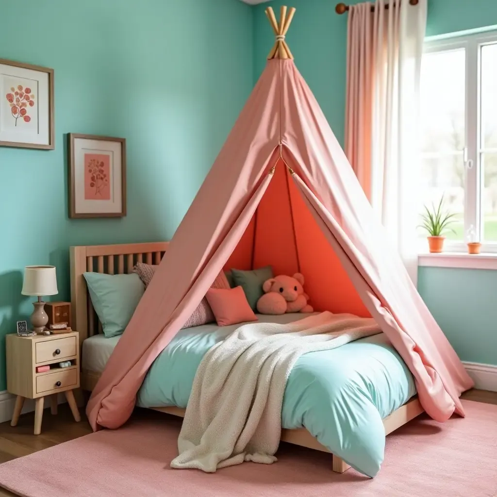 a photo of a playful turquoise and coral bedroom with a tent