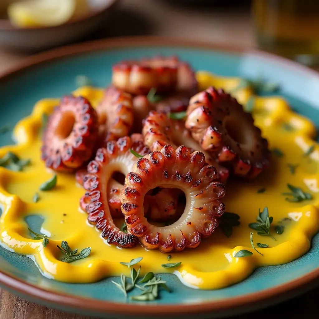 a photo of colorful Spanish tapas with grilled octopus and saffron aioli on a ceramic plate.