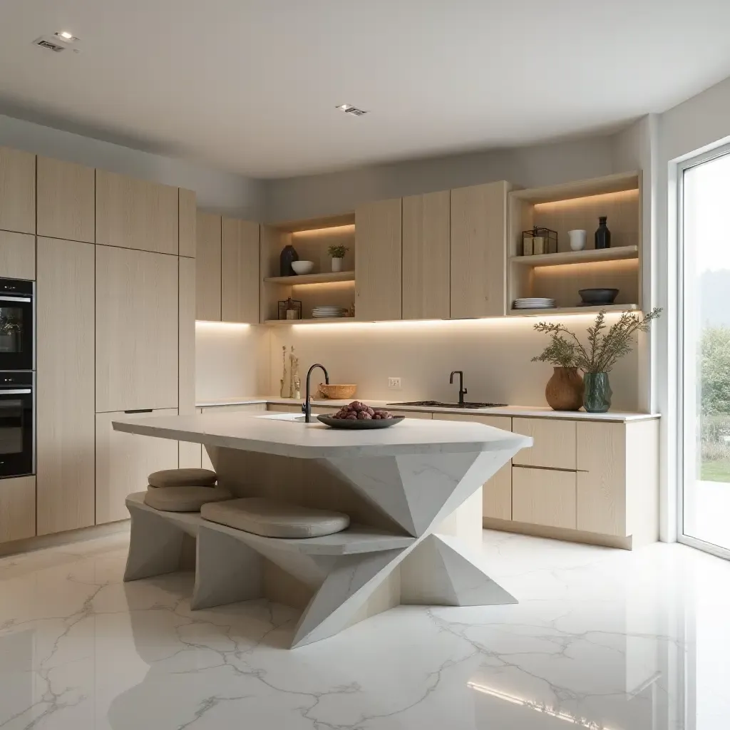 a photo of a geometric kitchen island with angular seating and modern design