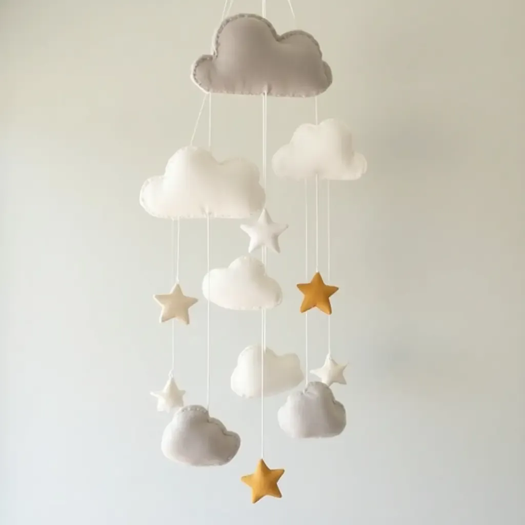 a photo of a nursery featuring a handmade mobile of clouds and stars