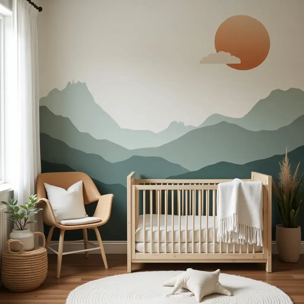 a photo of a nursery with a stylish mural and rustic furniture