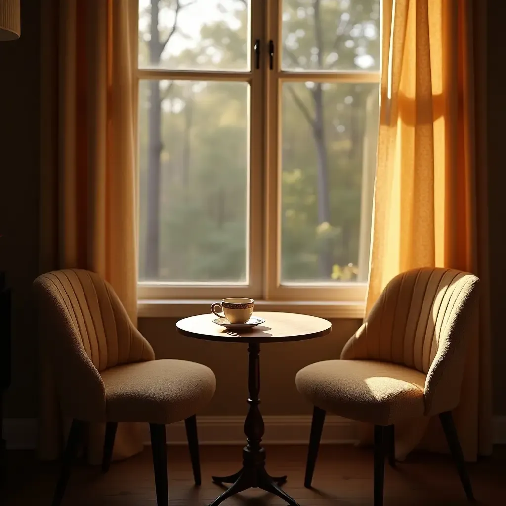 a photo of a cozy nook with a small table and a cup of tea