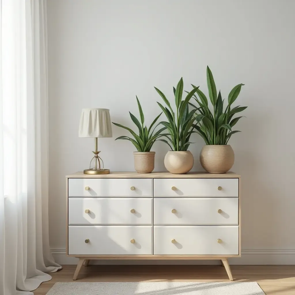 a photo of a bedroom featuring a creative plant arrangement on a dresser