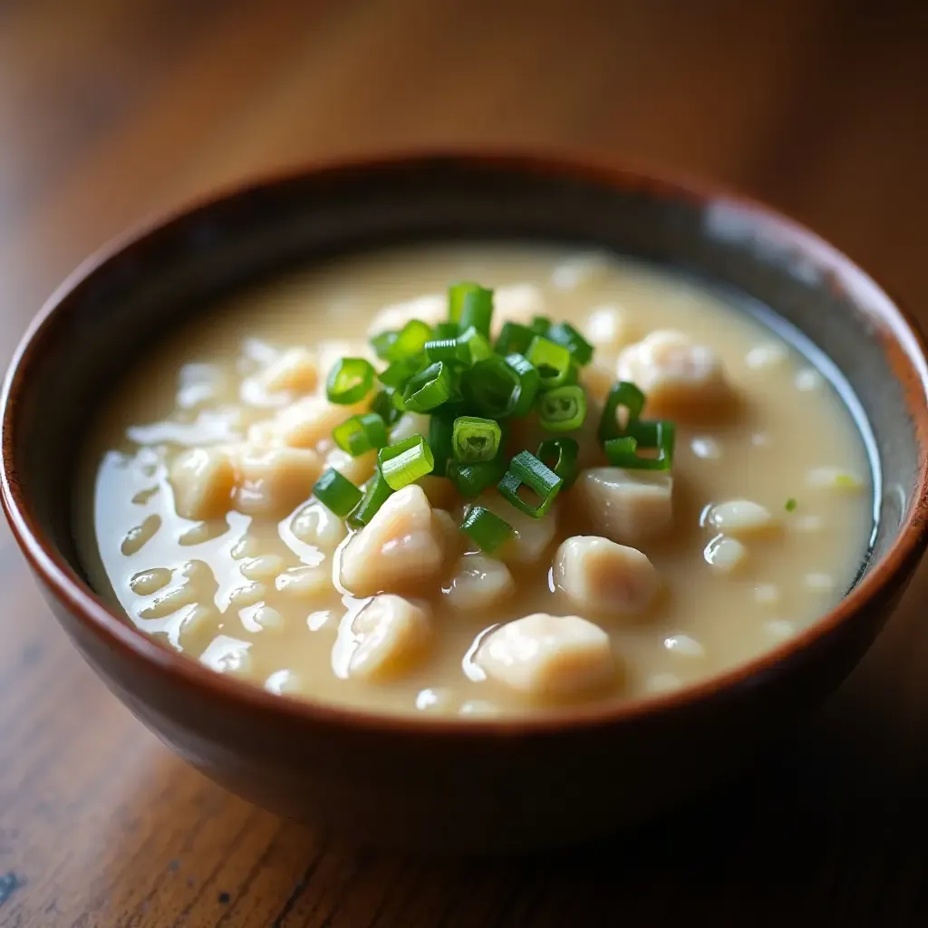 a photo of soothing chao ga chicken rice porridge with ginger and scallions