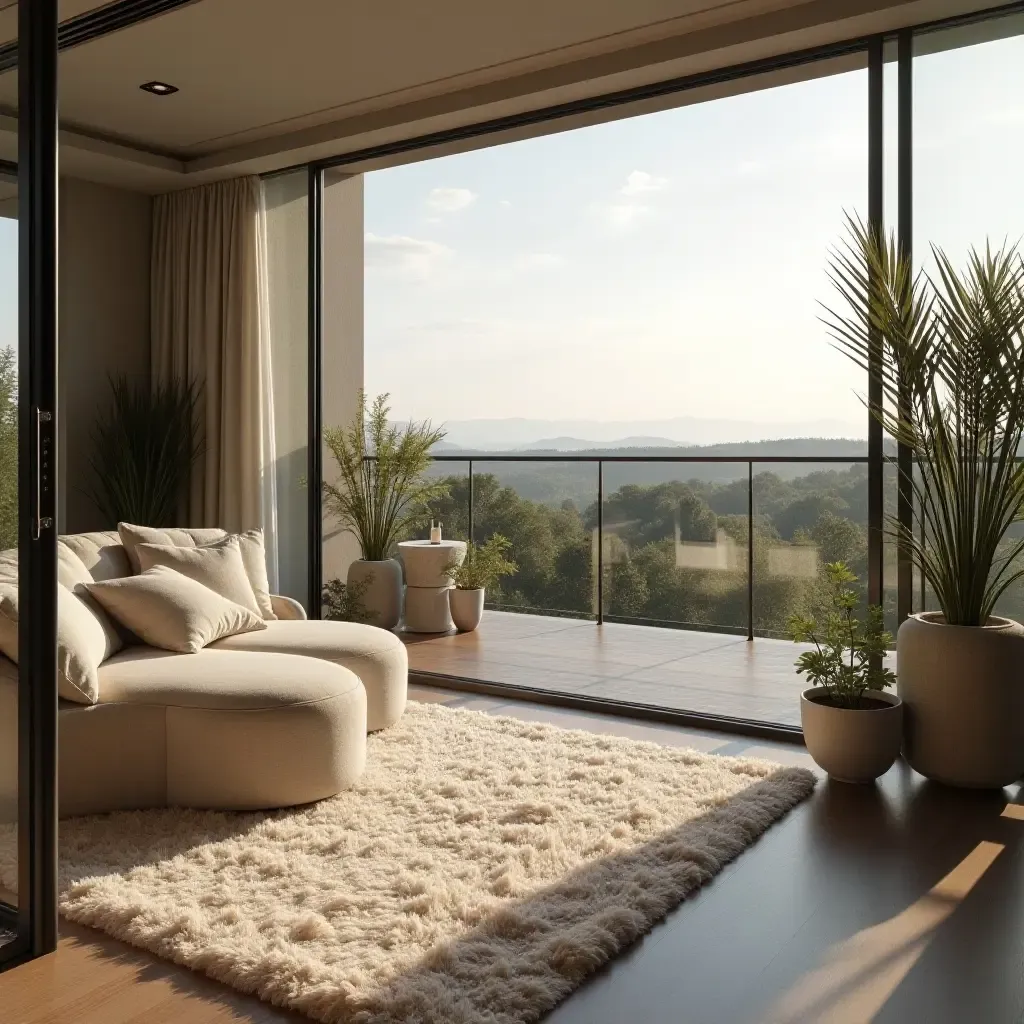 a photo of a soft shag rug on a luxurious balcony lounge area