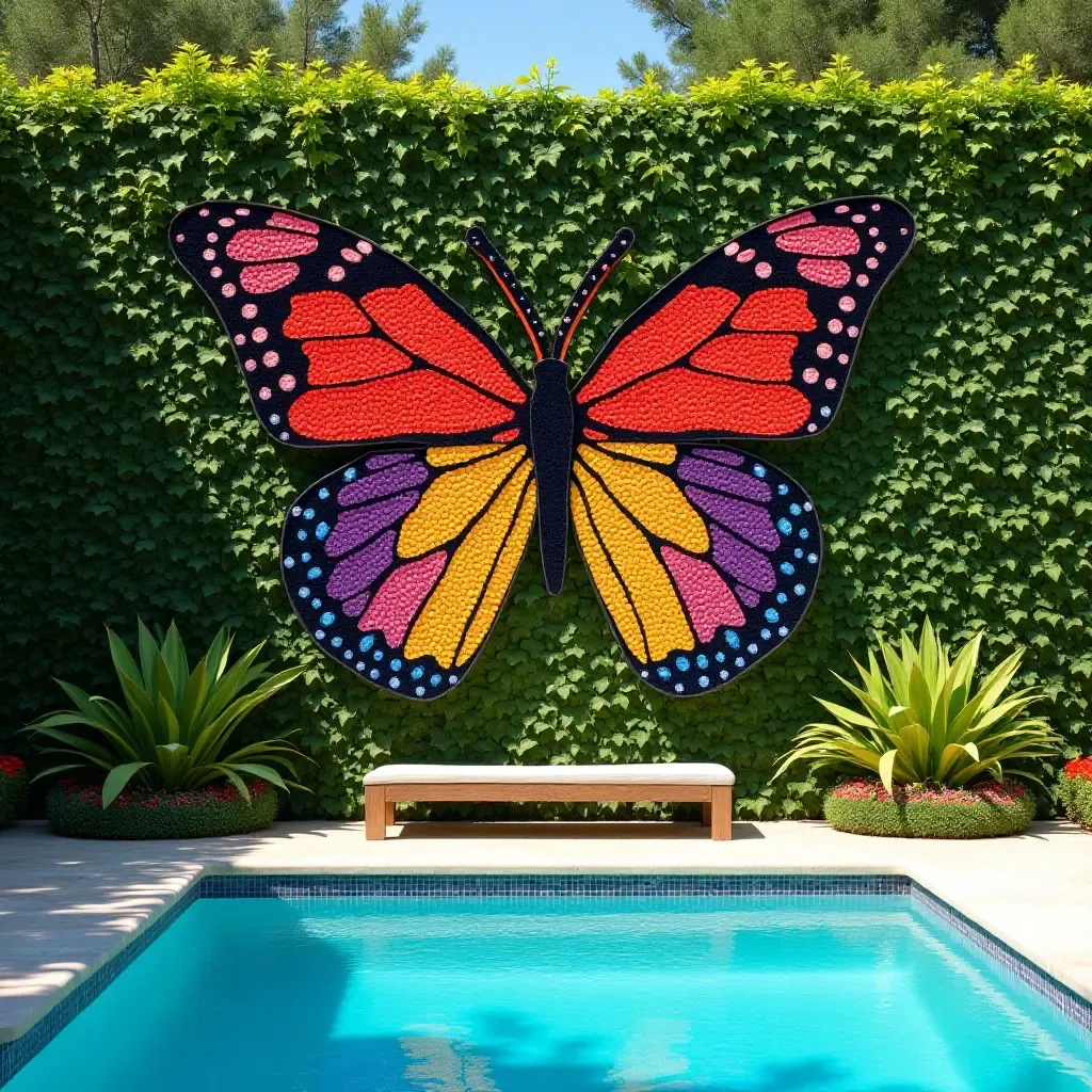 a photo of a vibrant butterfly garden wall near a pool