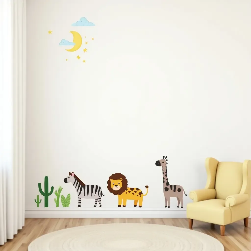 a photo of a nursery with playful wall decals of Mediterranean animals