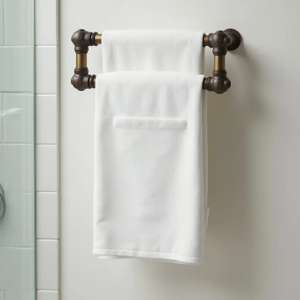 a photo of a unique pipe towel rack in a bathroom