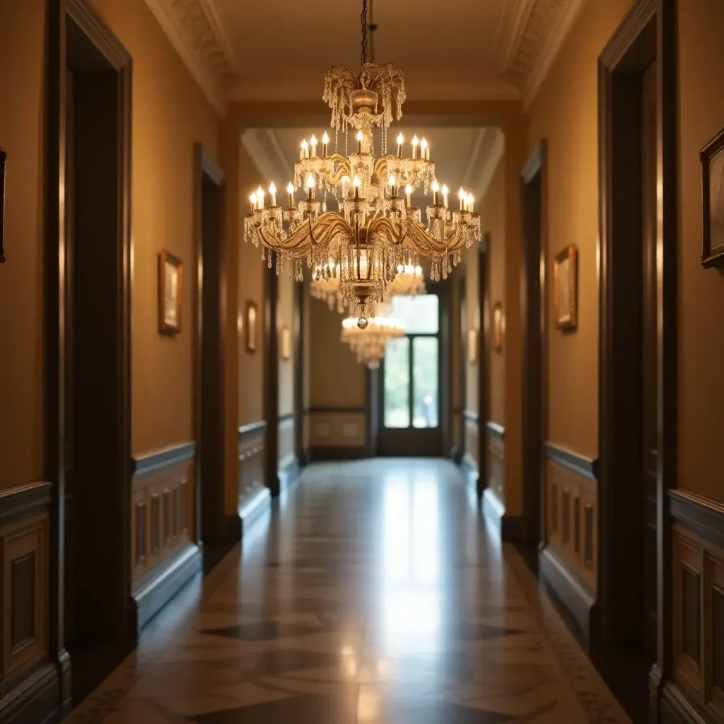 a photo of an elegant chandelier hanging in a corridor